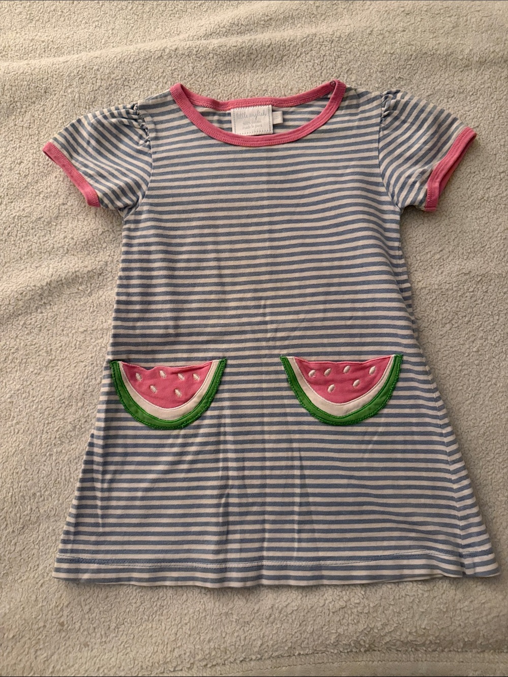 Little English Blue and White Stripe Dress with Pink Trim and Watermelon Pockets